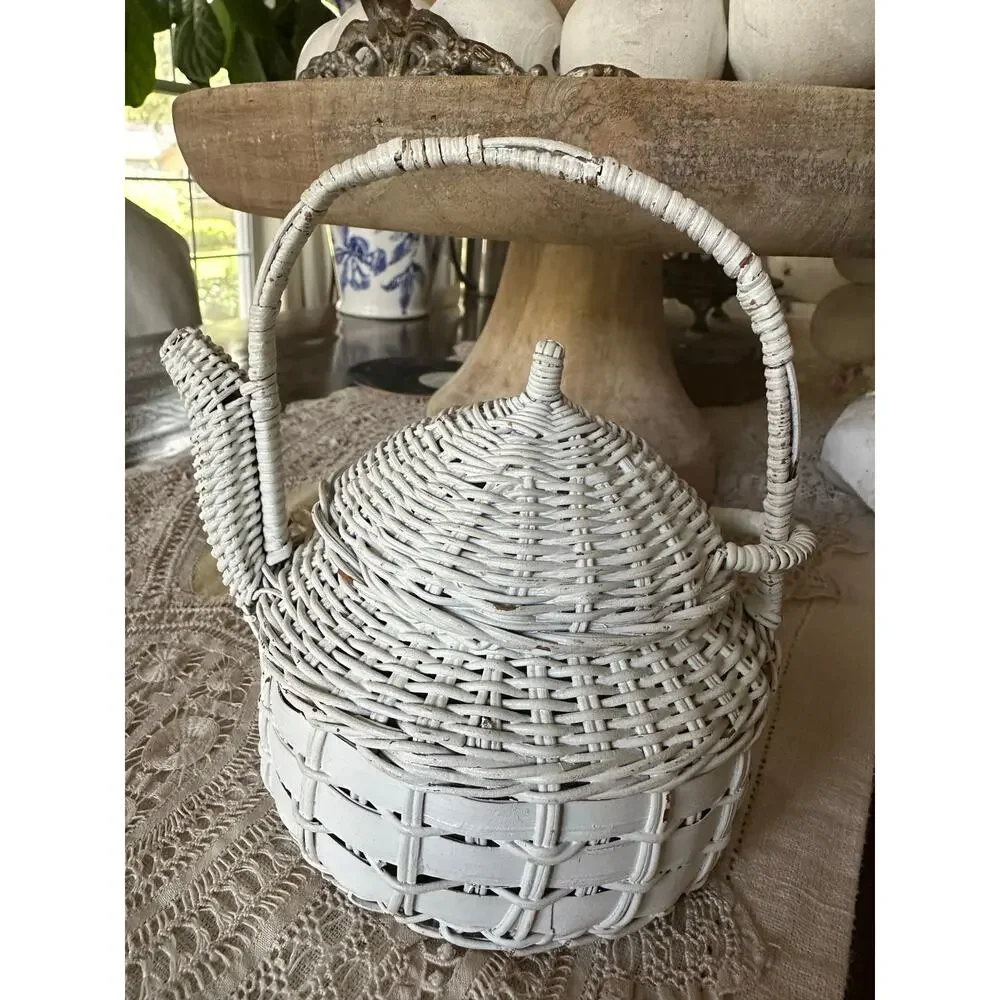 Vintage White Wicker Teapot Shape Basket Cottage Decor 6.5